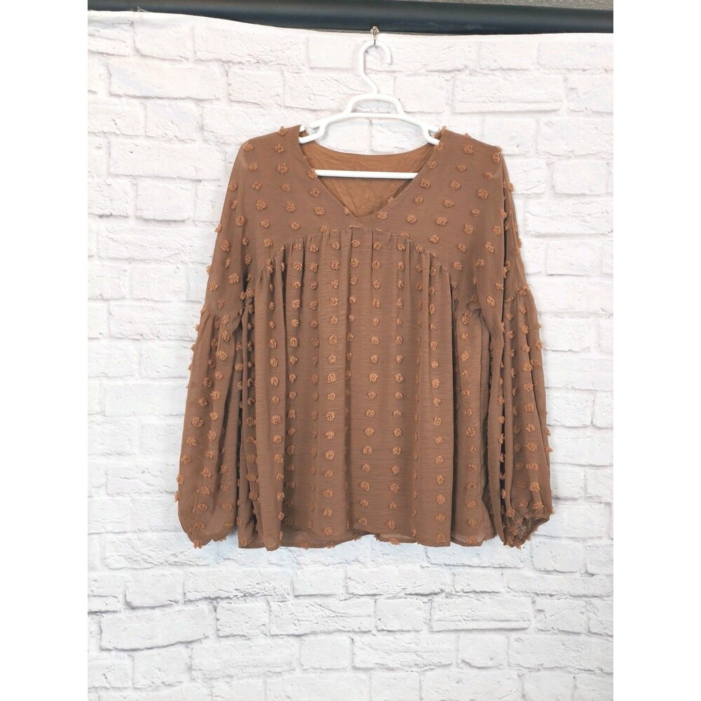 Womens Tan‎ Swiss Dot Textured Long Sleeve V Neck Lantern Sleeve Top XL